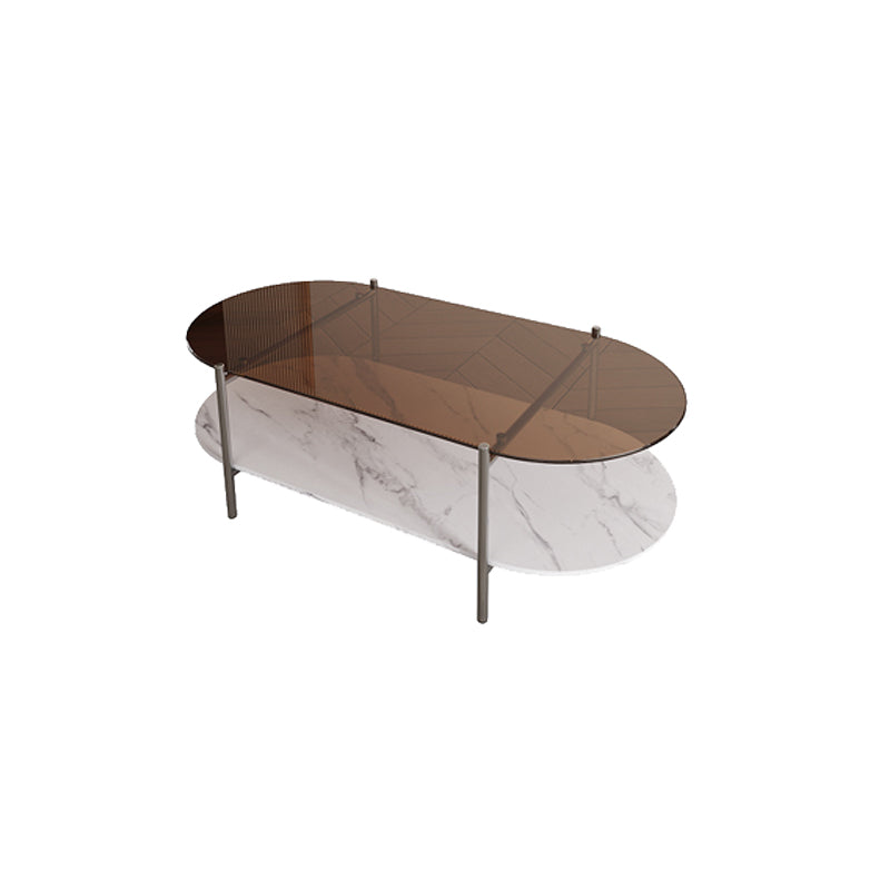 15.74" H Oval Glass Coffee Table Stainless Steel Sled Cocktail Table with Shelf