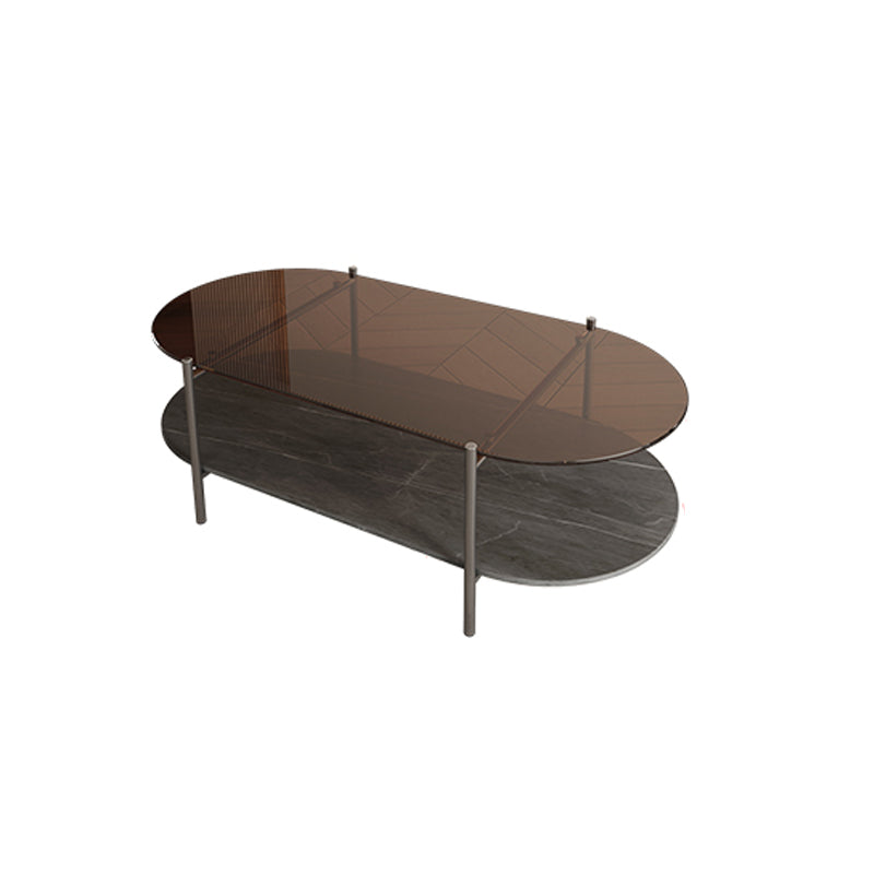 15.74" H Oval Glass Coffee Table Stainless Steel Sled Cocktail Table with Shelf