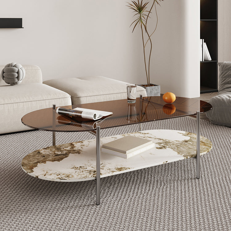 15.74" H Oval Glass Coffee Table Stainless Steel Sled Cocktail Table with Shelf