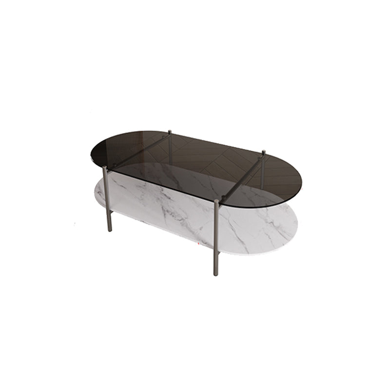 15.74" H Oval Glass Coffee Table Stainless Steel Sled Cocktail Table with Shelf