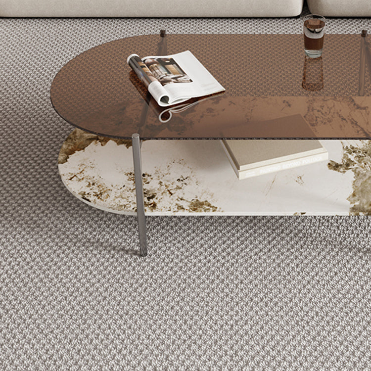 15.74" H Oval Glass Coffee Table Stainless Steel Sled Cocktail Table with Shelf