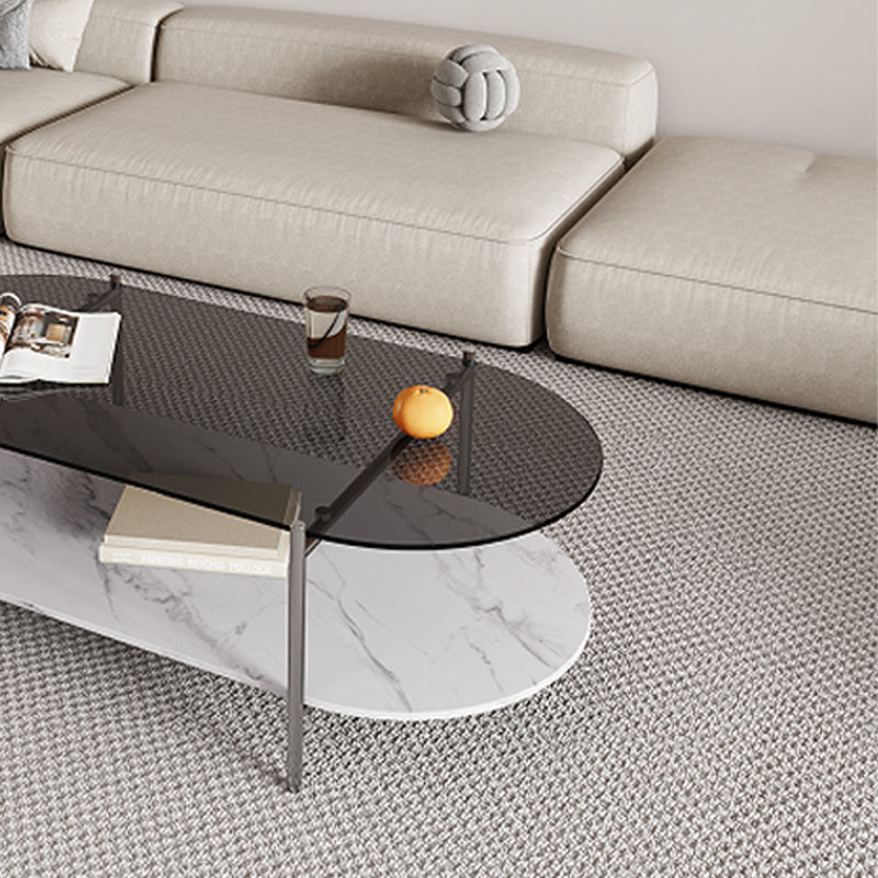 15.74" H Oval Glass Coffee Table Stainless Steel Sled Cocktail Table with Shelf