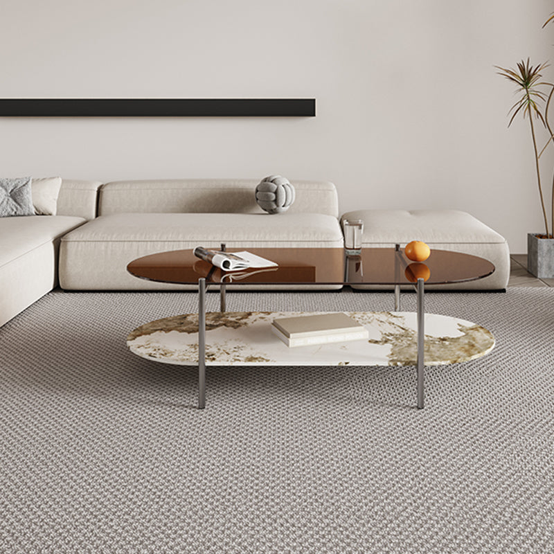 15.74" H Oval Glass Coffee Table Stainless Steel Sled Cocktail Table with Shelf