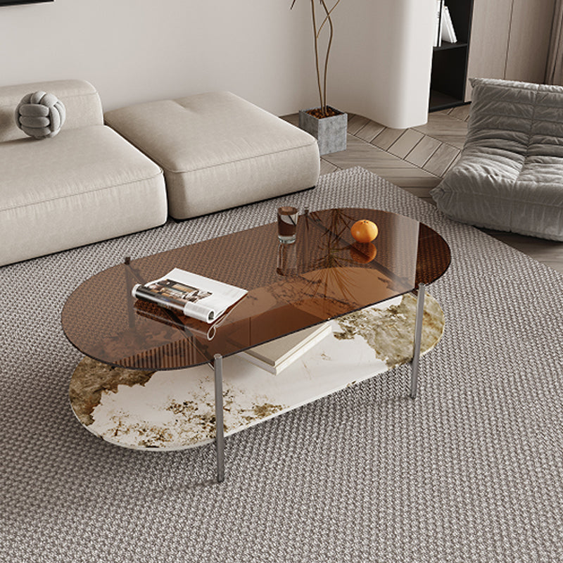 15.74" H Oval Glass Coffee Table Stainless Steel Sled Cocktail Table with Shelf