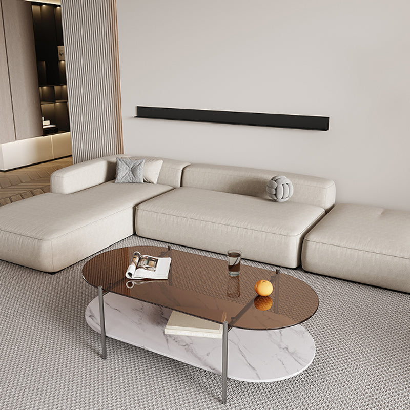 15.74" H Oval Glass Coffee Table Stainless Steel Sled Cocktail Table with Shelf