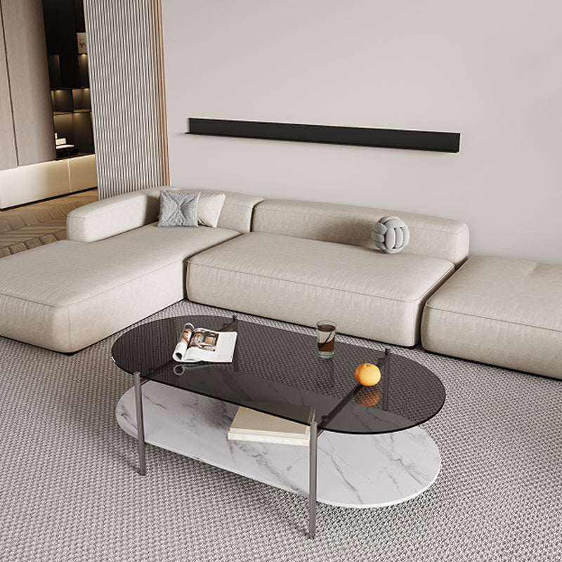 15.74" H Oval Glass Coffee Table Stainless Steel Sled Cocktail Table with Shelf