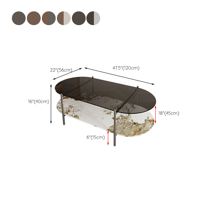 15.74" H Oval Glass Coffee Table Stainless Steel Sled Cocktail Table with Shelf