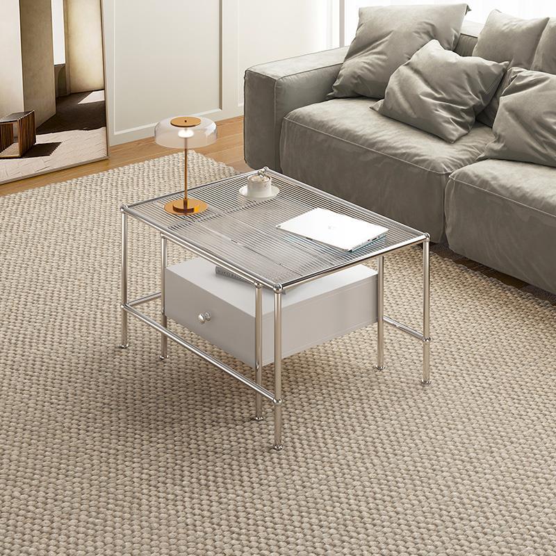 Modern 2 Nesting Glass Coffee Table Set Steel 4 Legs 1 - Drawer Cocktail Table