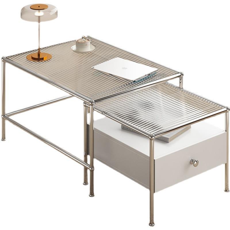Modern 2 Nesting Glass Coffee Table Set Steel 4 Legs 1 - Drawer Cocktail Table