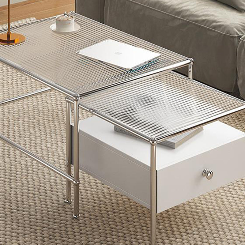 Modern 2 Nesting Glass Coffee Table Set Steel 4 Legs 1 - Drawer Cocktail Table