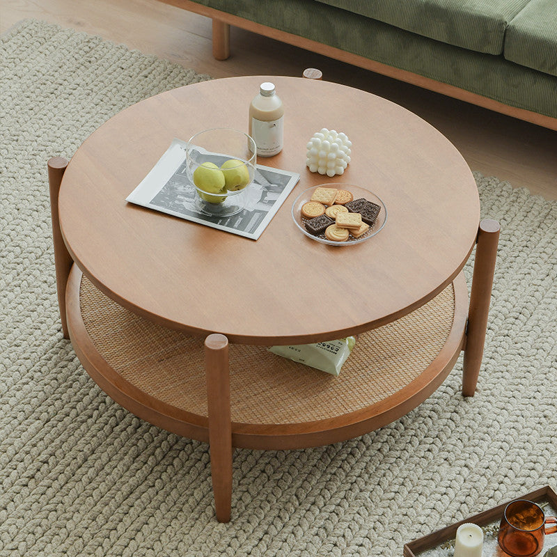 Round Glass/ Wood Top Coffee Table 4 Legs Cocktail Table with Shelf
