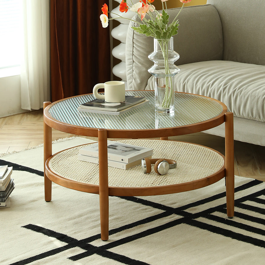 Round Glass/ Wood Top Coffee Table 4 Legs Cocktail Table with Shelf