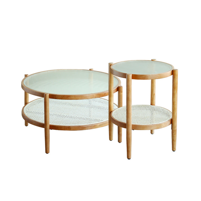Round Glass/ Wood Top Coffee Table 4 Legs Cocktail Table with Shelf