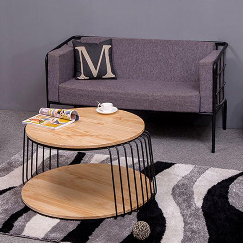 Round Solid Wood Coffee Table Drum Coffee Cocktail Table with Floor Shelf