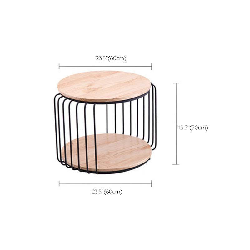 Round Solid Wood Coffee Table Drum Coffee Cocktail Table with Floor Shelf