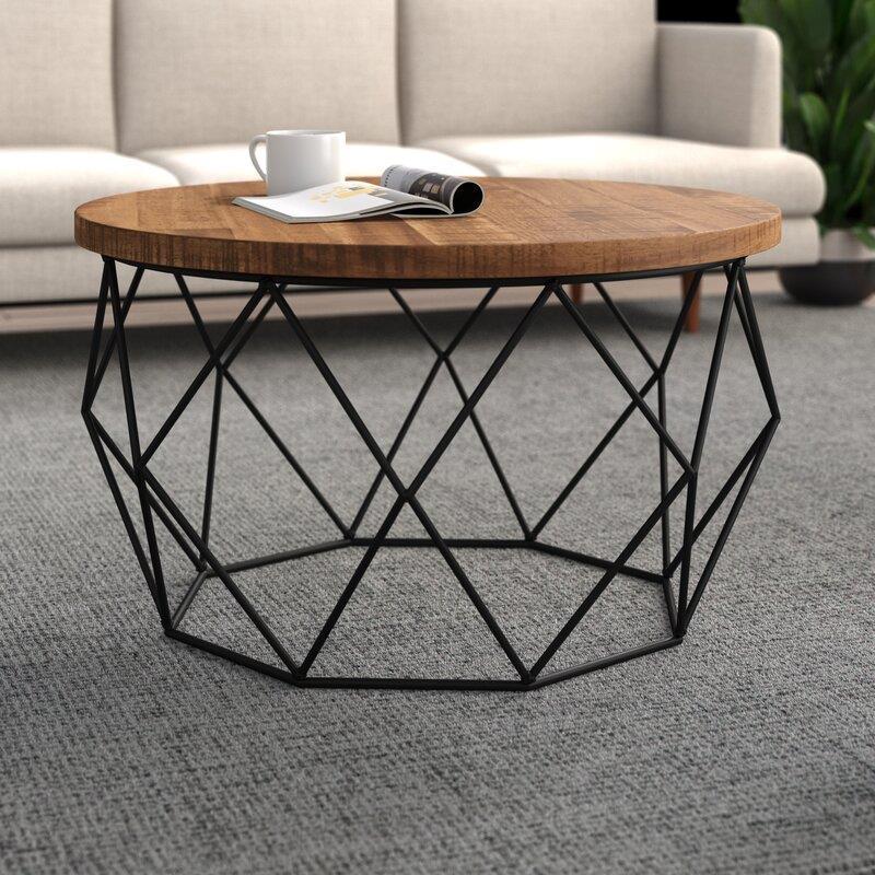 17.7" H Wood Round Top Coffee Table, Metal Frame Base Cocktail Table