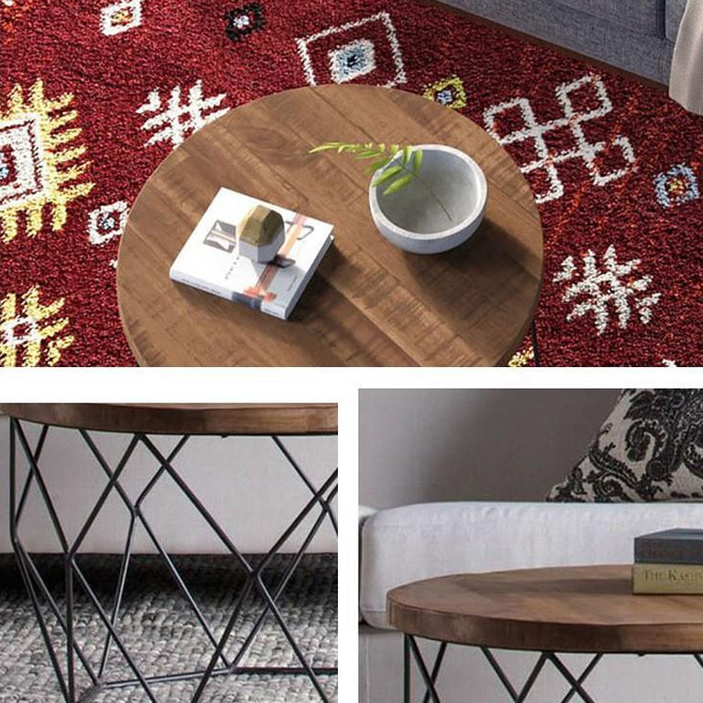 17.7" H Wood Round Top Coffee Table, Metal Frame Base Cocktail Table