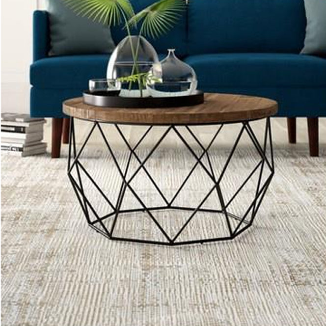 17.7" H Wood Round Top Coffee Table, Metal Frame Base Cocktail Table