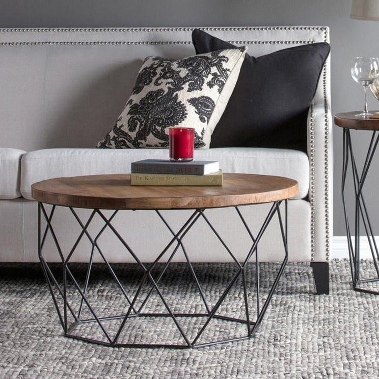 17.7" H Wood Round Top Coffee Table, Metal Frame Base Cocktail Table