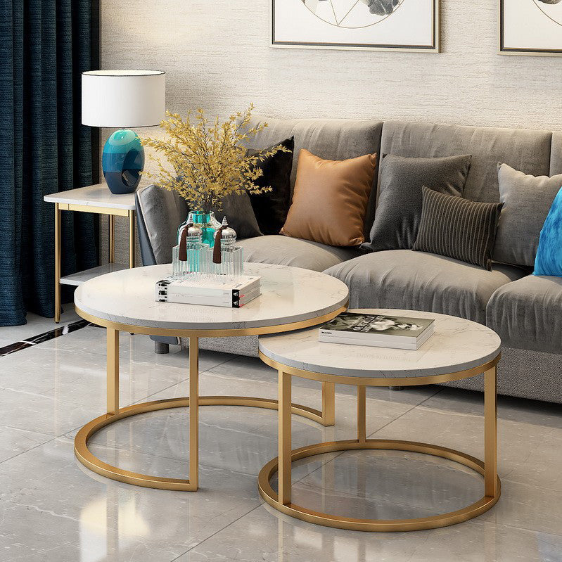 Glam Round Nesting Coffee Table with Marble Top and Metal Base