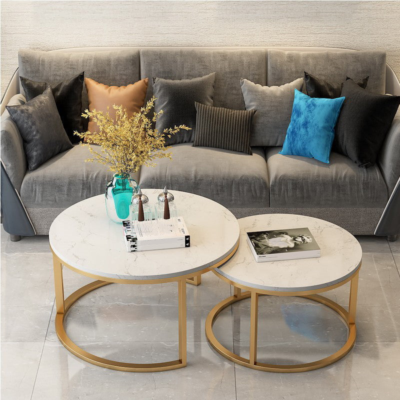 Glam Round Nesting Coffee Table with Marble Top and Metal Base