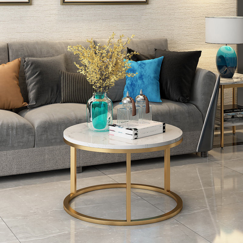 Glam Round Nesting Coffee Table with Marble Top and Metal Base