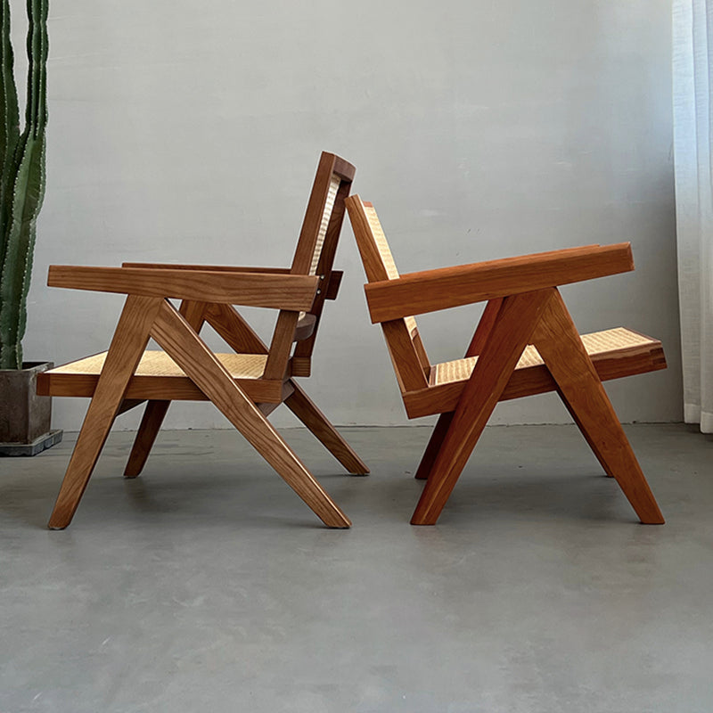 Woven Back Lounge Chair Solid Wood Arms Included Chair with Cushion