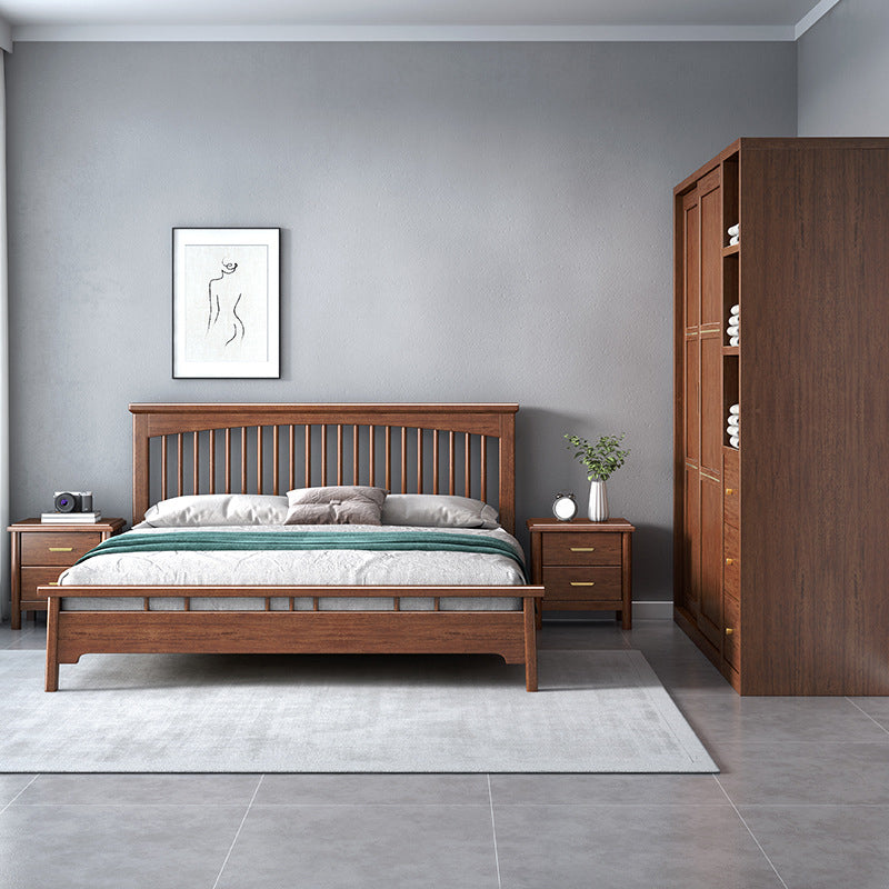 Traditional Open-Frame Bed Solid Wood Solid Color Slat Bed with Headboard