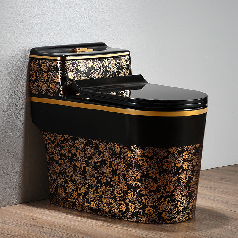 Modern Elongated Toilet Bowl Black and Golden Flush Toilet With Seat for Bathroom