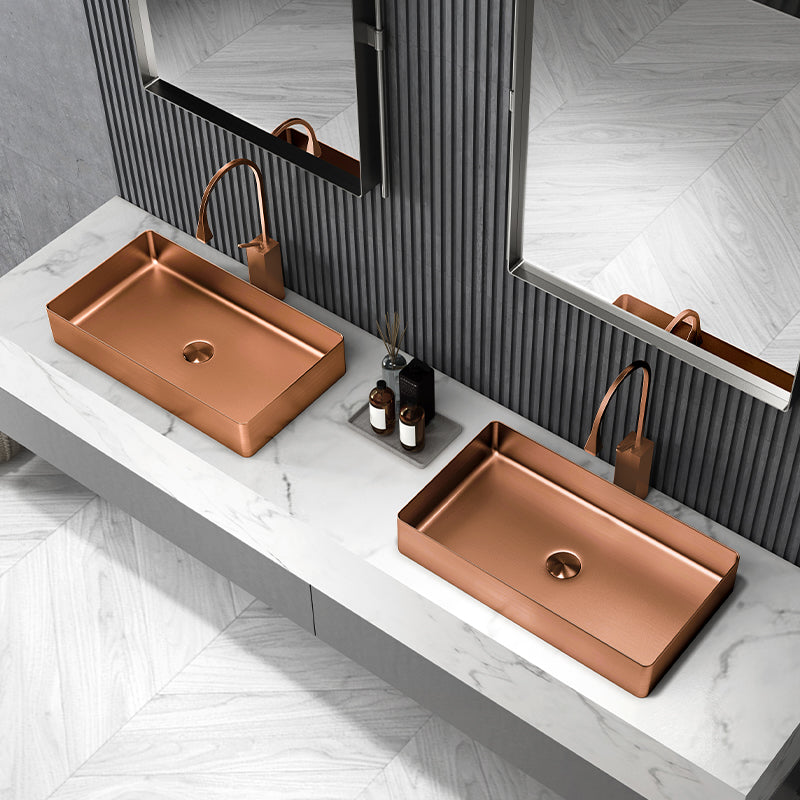 Modern Wash Stand Metal Rectangular with Drain Assembly and Faucet Vessel Bathroom Sink
