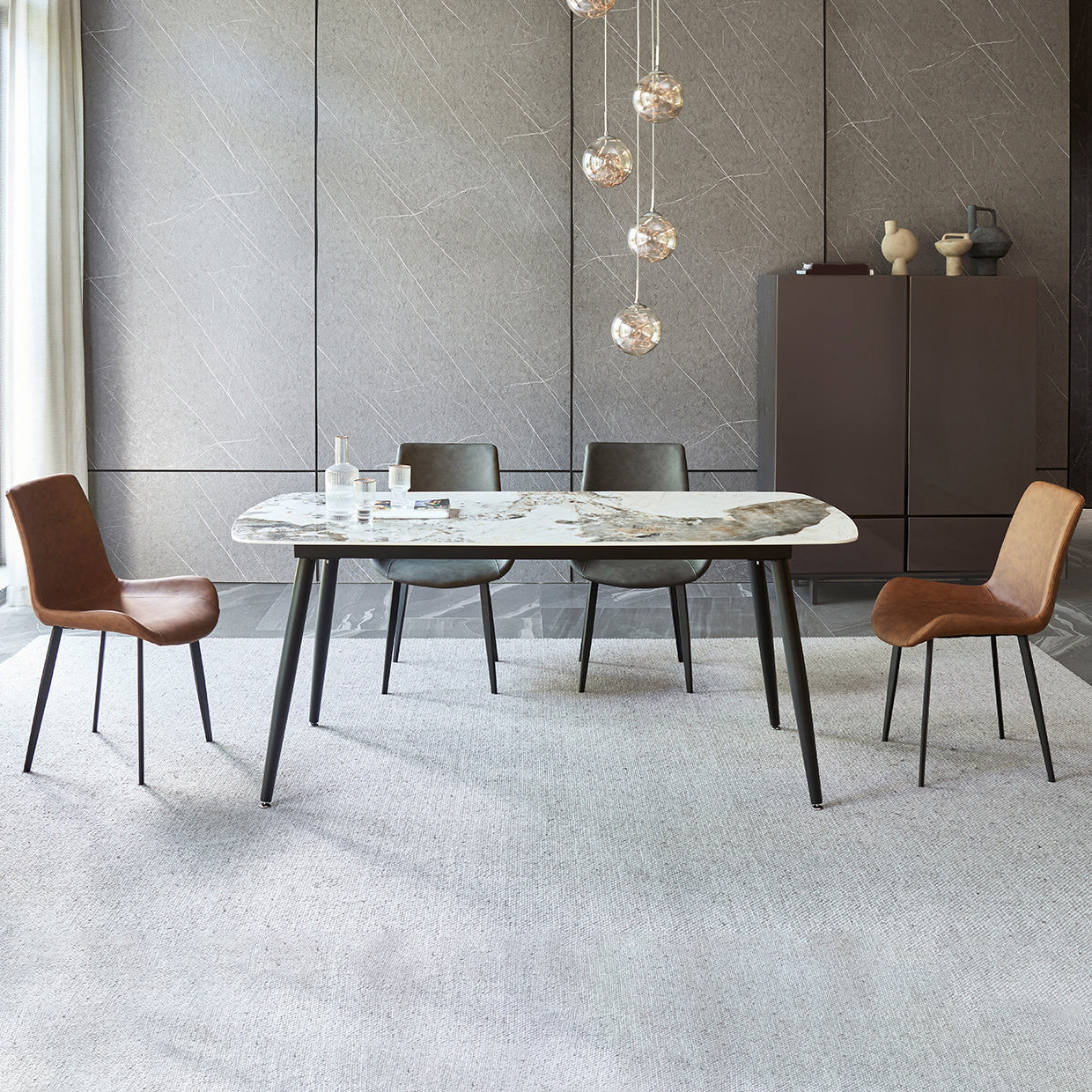 Contemporary Stone Dining Table Set 1/4/5/7 Pieces Dining Set with Solid Back Chairs