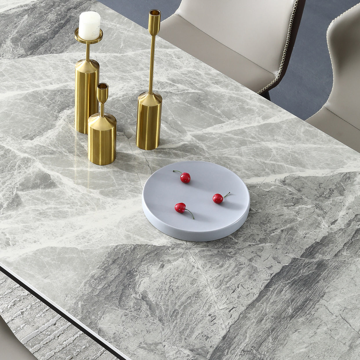 Glossy Gray Stone Dining Table Set 1/4/5/7 Pieces Modern Dinette Set for Kitchen