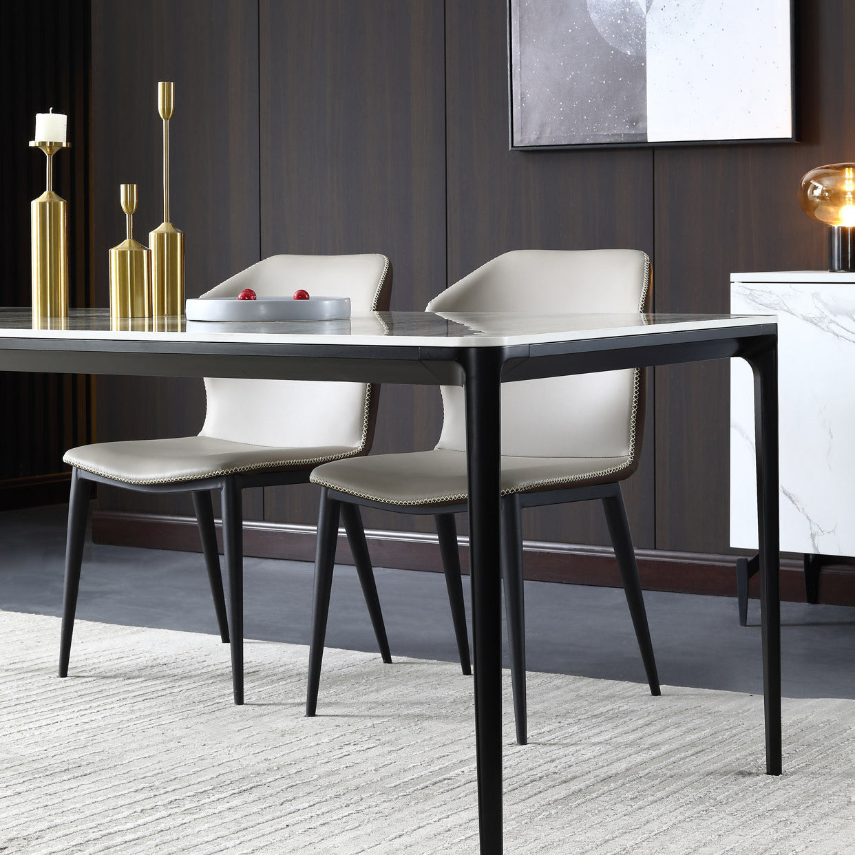 Glossy Gray Stone Dining Table Set 1/4/5/7 Pieces Modern Dinette Set for Kitchen