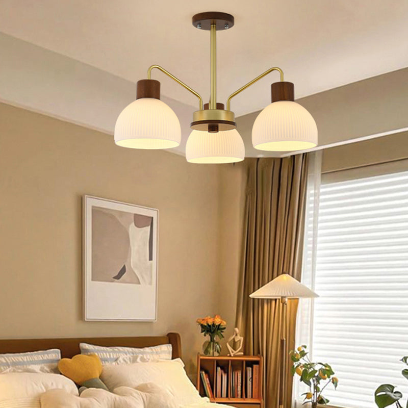 Modern Wood Flush Mount Dome Shape Ceiling Light with Glass Shade for Living Room
