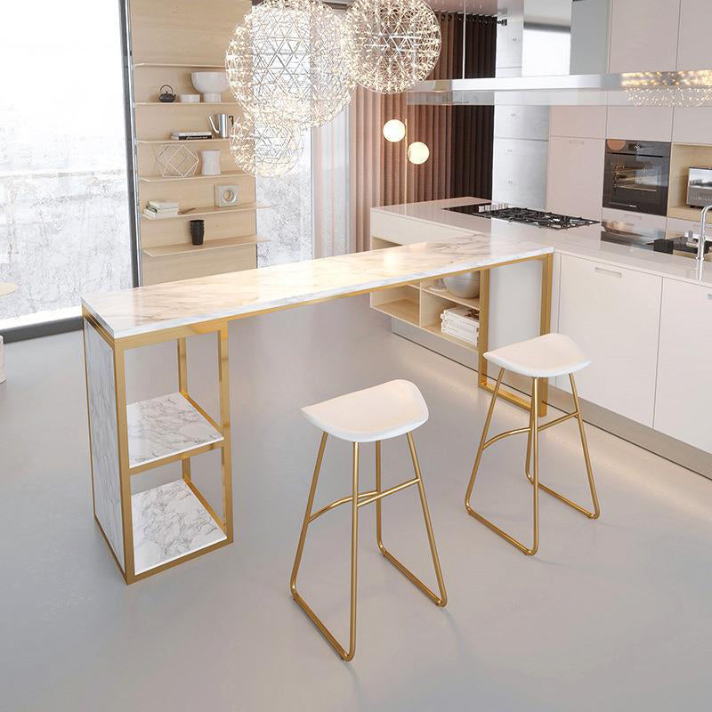 Glam 1/3 Pieces Bar Table Set Rectangle Stone Counter Table with  Stools for Milk Tea Shop