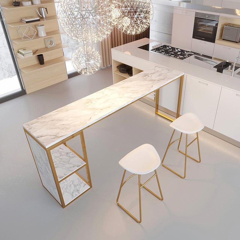 Glam 1/3 Pieces Bar Table Set Rectangle Stone Counter Table with  Stools for Milk Tea Shop