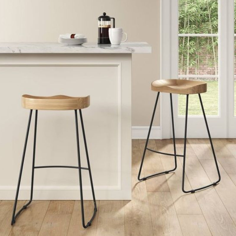 Modern Armless Backless Counter Stool Iron Bar Stool with Wooden Seat for Bar
