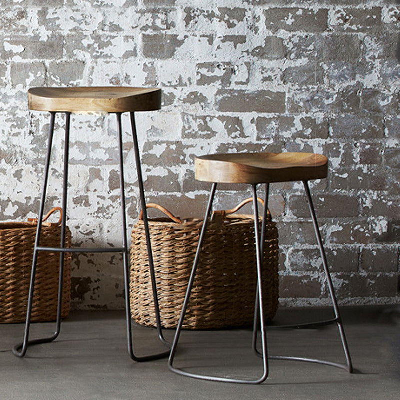 Modern Armless Backless Counter Stool Iron Bar Stool with Wooden Seat for Bar