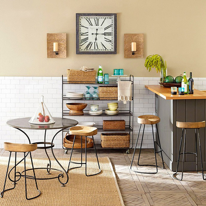 Modern Armless Backless Counter Stool Iron Bar Stool with Wooden Seat for Bar