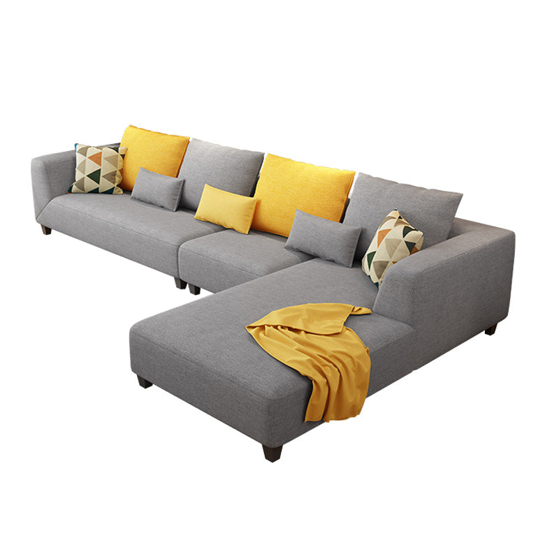 70"W Scandinavian Sectional Sofa Grey Pillowed Back Cushions Sectional