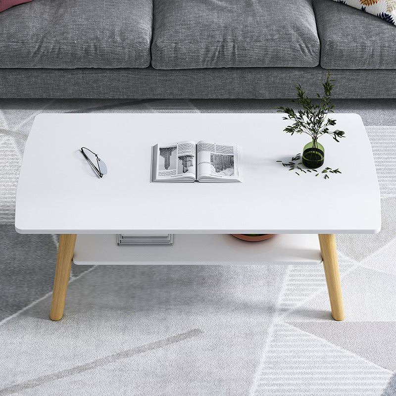 Contemporary Rectangle Wooden Coffee Table with Shelf and 4 Solid Wood Legs