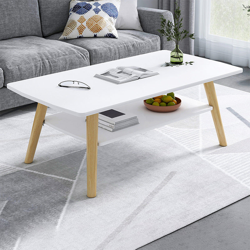 Contemporary Rectangle Wooden Coffee Table with Shelf and 4 Solid Wood Legs