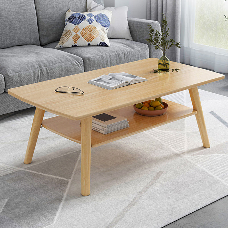 Contemporary Rectangle Wooden Coffee Table with Shelf and 4 Solid Wood Legs