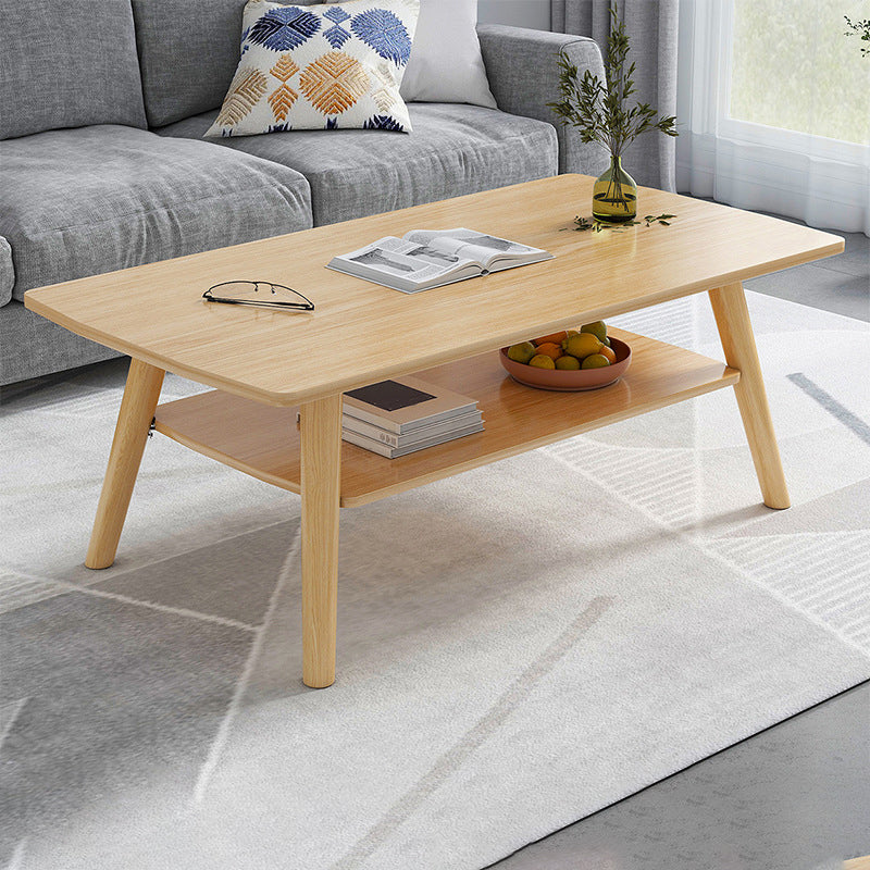 Contemporary Rectangle Wooden Coffee Table with Shelf and 4 Solid Wood Legs