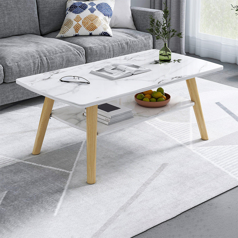 Contemporary Rectangle Wooden Coffee Table with Shelf and 4 Solid Wood Legs