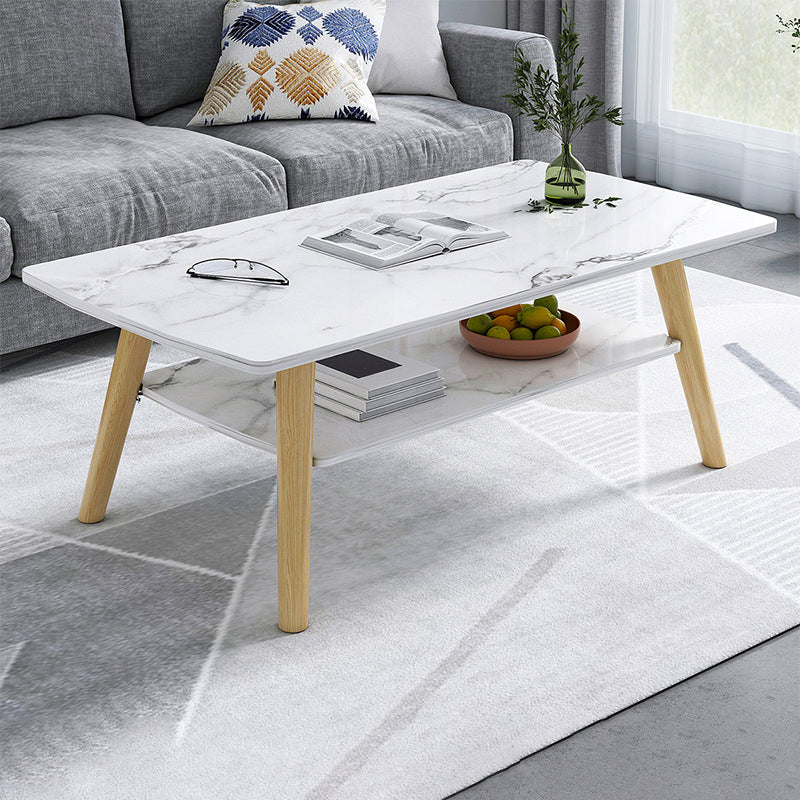 Contemporary Rectangle Wooden Coffee Table with Shelf and 4 Solid Wood Legs