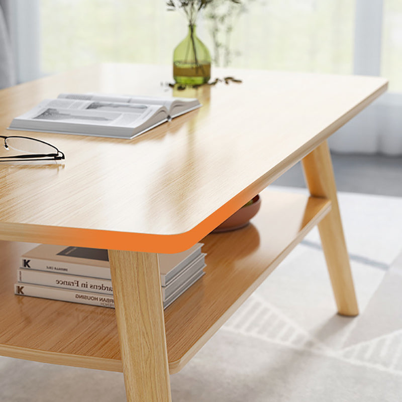 Contemporary Rectangle Wooden Coffee Table with Shelf and 4 Solid Wood Legs