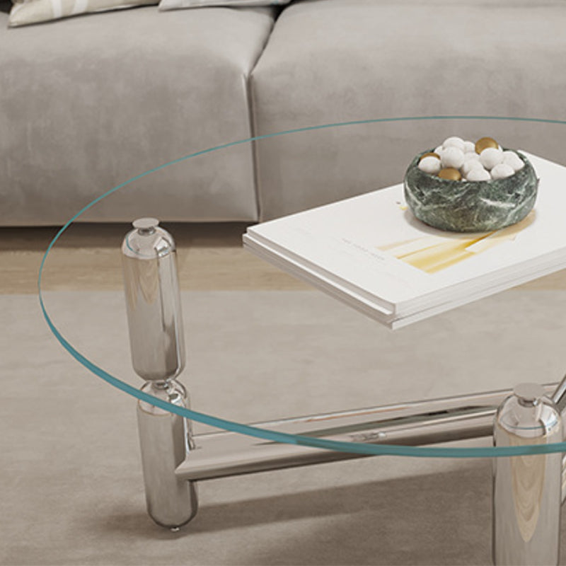 Modern Round Glass Coffee Table Stainless Steel 3 Legs Cocktail Table