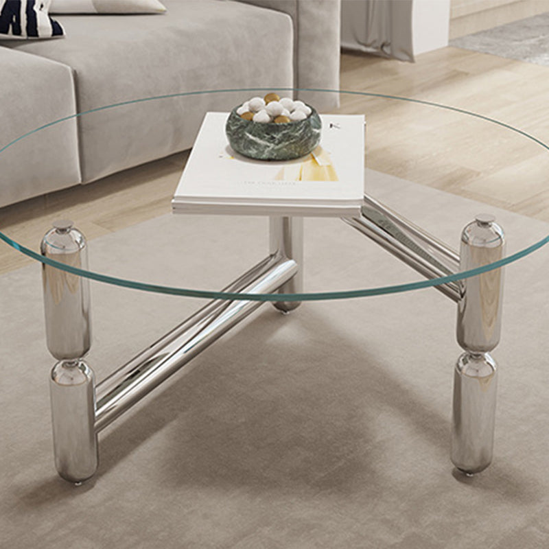 Modern Round Glass Coffee Table Stainless Steel 3 Legs Cocktail Table