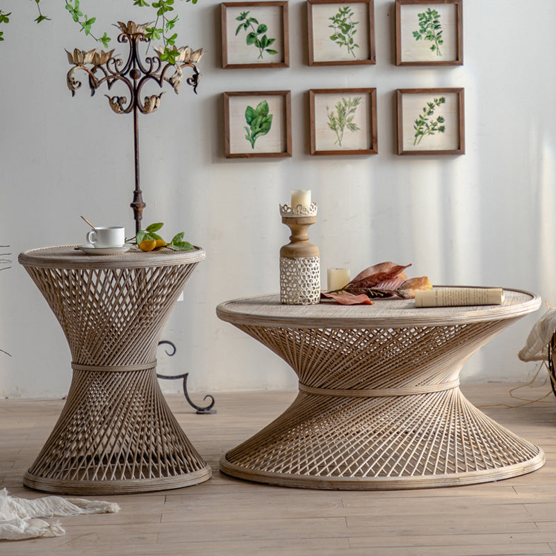 French Country Round Rattan Coffee Table Distressed Brown Cocktail Table